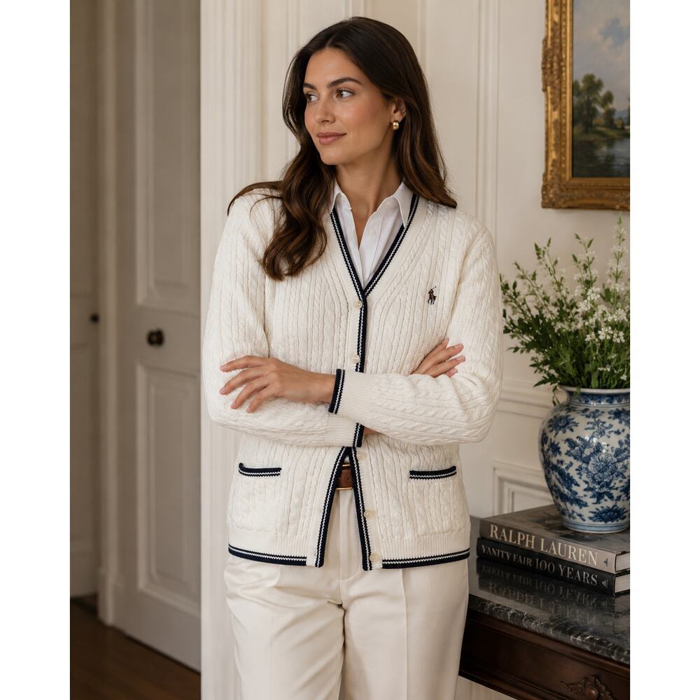Lauren Ralph Lauren contrast-trim, V-neck, Petite, white cable-knit cardigan